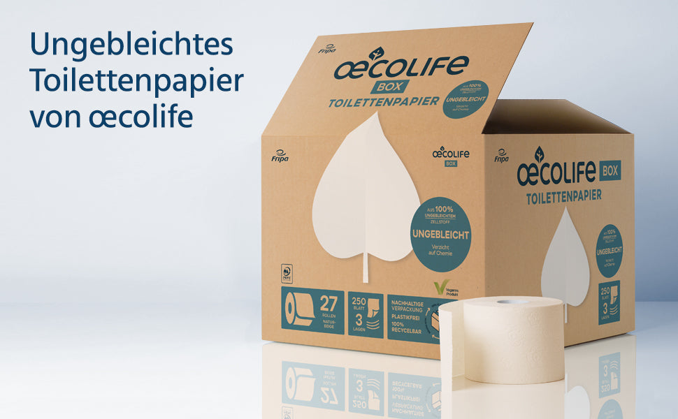 Recycling Toilettenpapier von oecolife - plastikfrei im Versandkarton verpackt