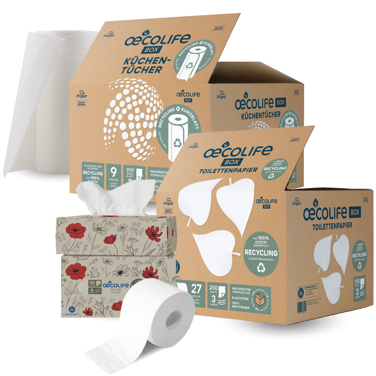 Tasche CD günstig Kaufen-Recycling Set. Recycling Set <![CDATA[Das Recycling Set enthält folgende Produkte. 1x Toilettenpapier Box RECYCLING mit 27 Rollen á 250 Blatt. 1x Küchentücher Box RECYCLING mit 9 Rollen á 200 Blatt. 2x Taschentücher Mohnblumen mit 80 Tüchern]]>. 