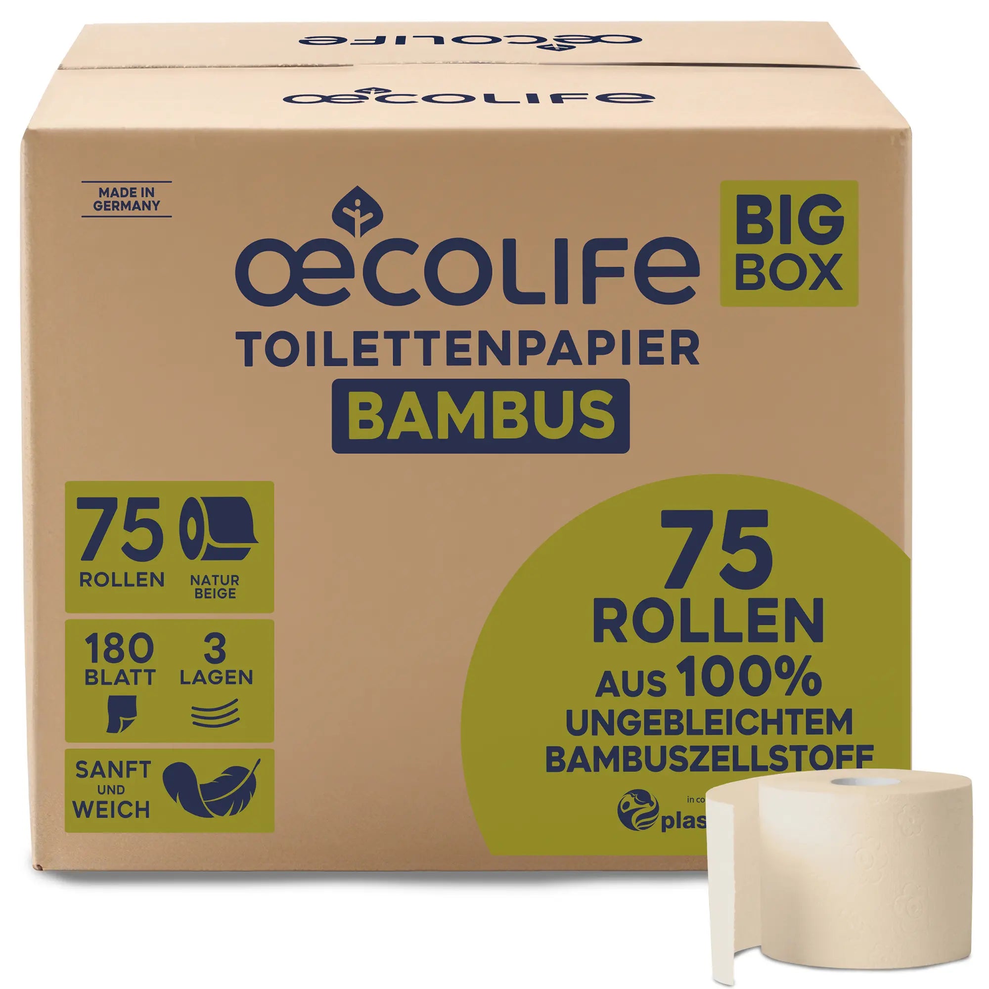 Bambus 3 günstig Kaufen-Toilettenpapier XXL-Box Bambus. Toilettenpapier XXL-Box Bambus <![CDATA[Eigenschaften unserer Bambus-Toilettenpapier-XXL Packung. 75 Rollen à 180 Blatt. 3-lagig. aus 100% ungebleichtem Bambus-Zellstoff. Nachhaltiges Toilettenpapier für Dein Wohlbefinden
