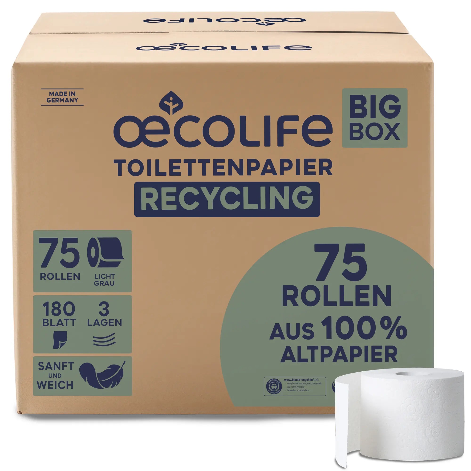 18 o  günstig Kaufen-Toilettenpapier XXL-Box Recycling. Toilettenpapier XXL-Box Recycling <![CDATA[Eigenschaften der XXL-Packung unseres Recycling-Toilettenpapiers. 75 Rollen à 180 Blatt. 3-lagig. 100% recyceltes Altpapier. Blauer Engel zertifiziert. Nachhaltiges Toilettenpa