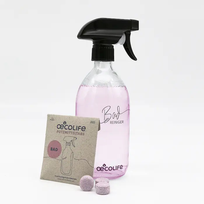 Flasche in günstig Kaufen-Set Clean Bathroom. Set Clean Bathroom <![CDATA[Produktdetails. Inhalt: 3x Badreiniger Putzmitteltabs, 1x Glasflasche für Badreiniger. für je 500 ml Badreiniger. kraftvoll gegen Schmutz, Kalk und Fett. Sprühkopf der Glasflasche aus 30% recyceltem Plast