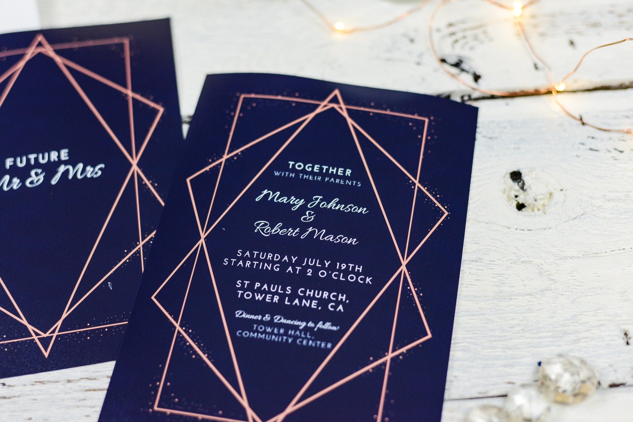 Navy art deco wedding invitations