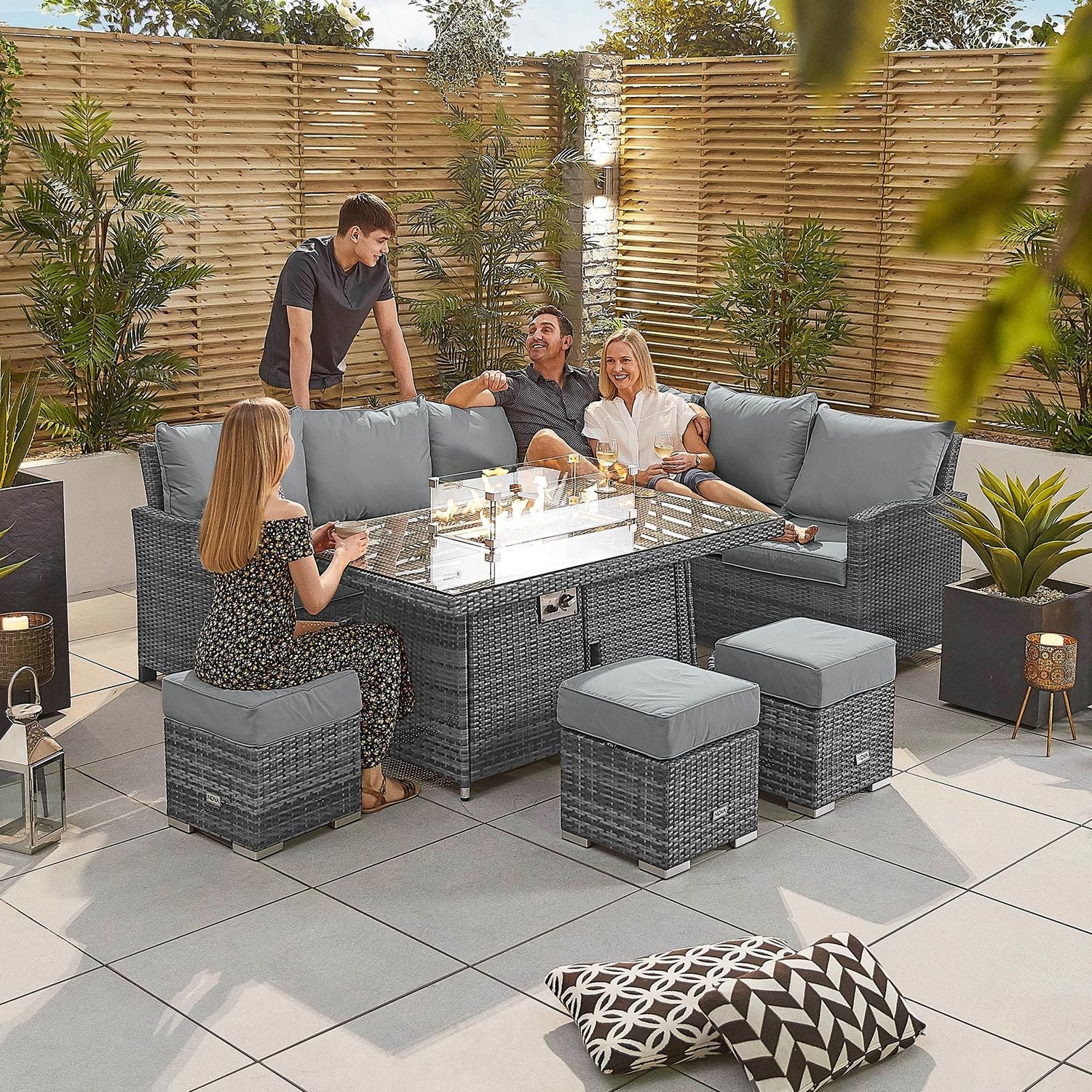 Image of Nova Garden Furniture Cambridge Grey Rattan Right Hand Corner Dining Set with Fire Pit Table