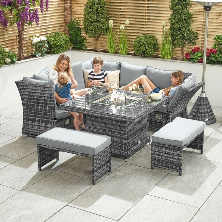 Image of Nova Garden Furniture Cambridge Brown Weave Compact Reclining Corner Dining Set with Firepit