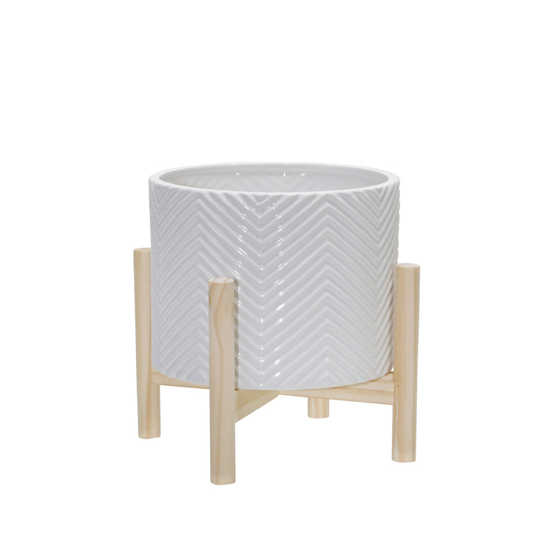 8" Ceramic Chevron Planter W/ Wood Stand, White image