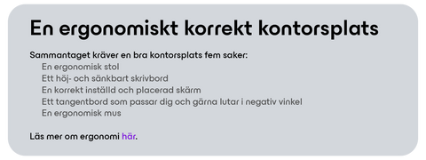 Fem huvuddelar i en ergonomisk arbetsplats.