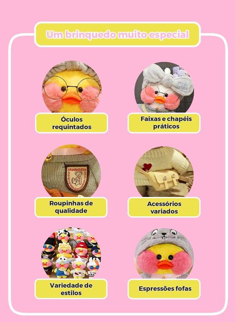 Pato Lalafanfan Branco Paper Duck de pelúcia com roupas e acessórios C