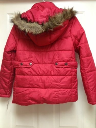 red faux fur trim hooded puffer jacket