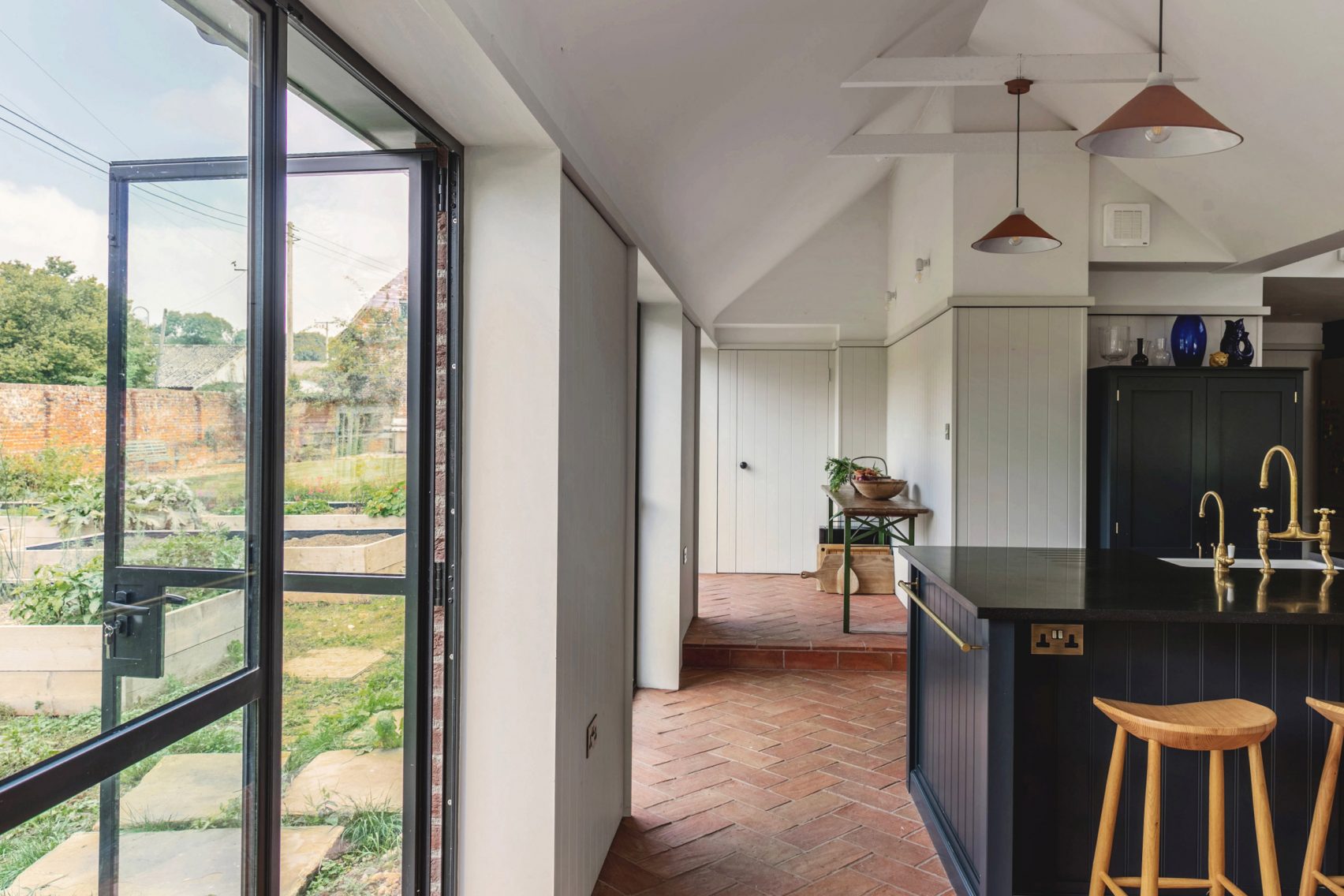 Terra Cotta Floor in Herringbone Pattern in Wiltshire, England Farmhouse Kitchen