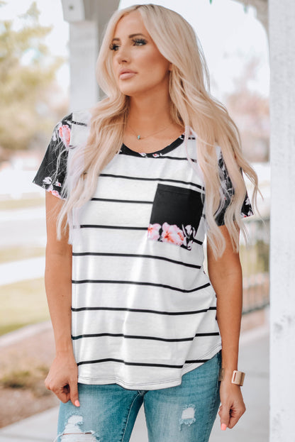 Striped T-Shirt with Patch Pocket Black by Madsbay