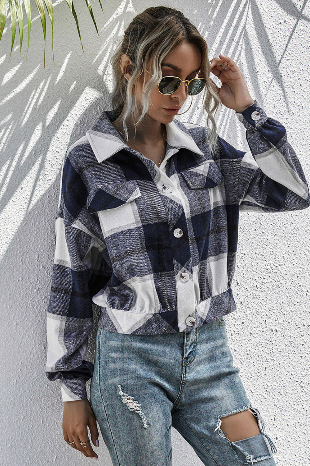 Plaid Button Down Long Sleeve Jacket Navy by Madsbay