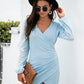 Contrast Mesh Sleeve Wrap Front Dress - Blue - Madsbay