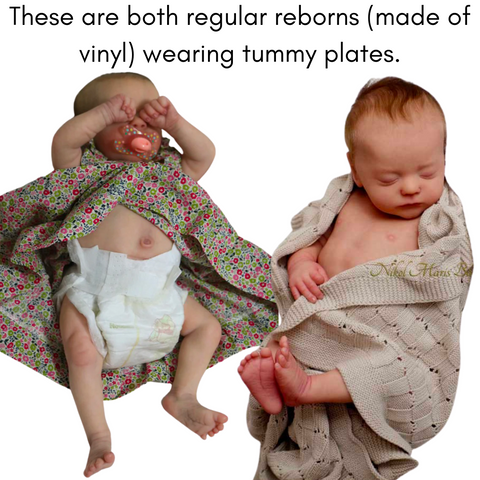 What is a tummy / belly plate? The image shows two reborn dolls wearing belly plates.