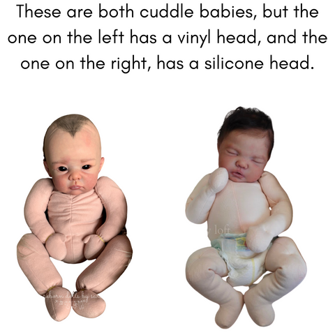 What is a cuddle baby? Image shows a vinyl cuddle baby on the left and a silicone cuddle on the right.