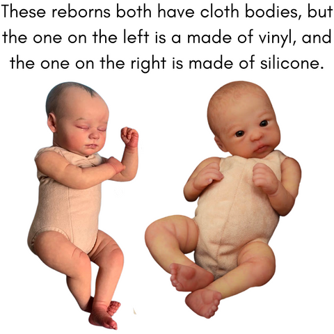 Image shows the difference between a regular vinyl reborn doll and a partial silicone baby, both with cloth bodies.
