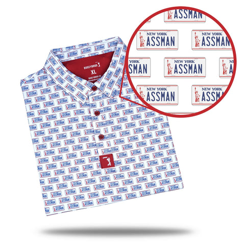 White golf polo with Seinfeld ASSMAN license plate as pattern