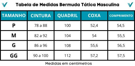 Tabela de tamanho Bermuda tática Masculina