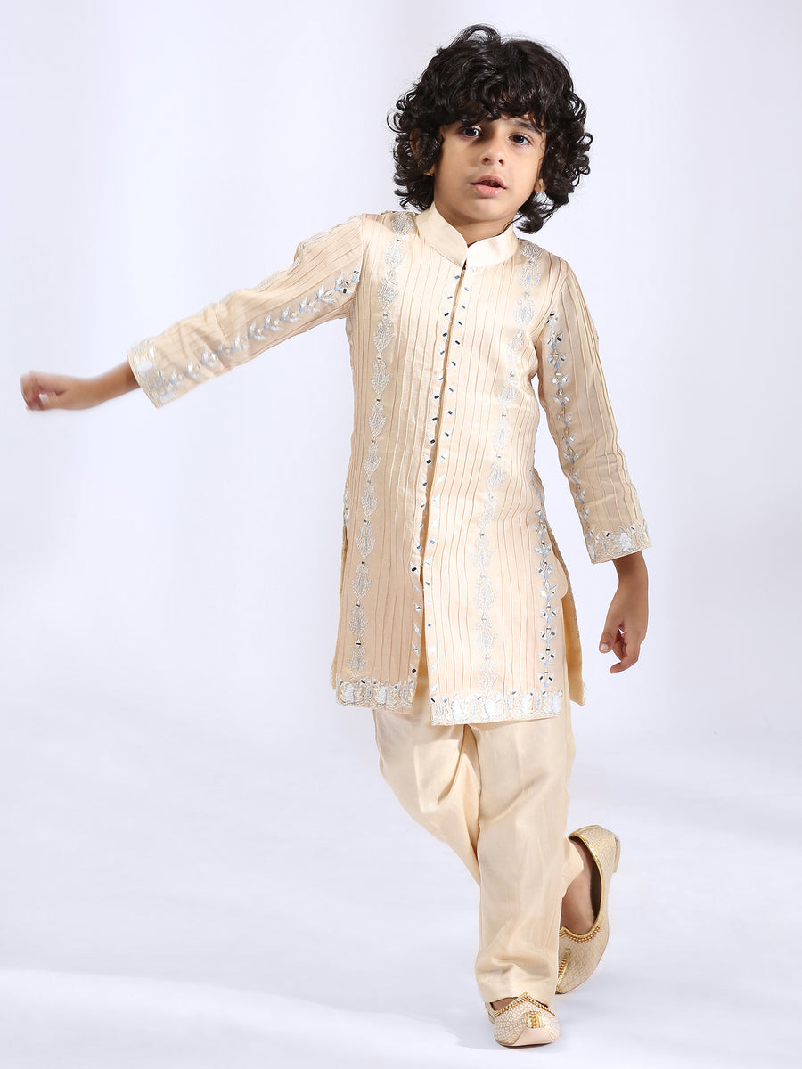 Beige Embroidered sherwani with matching narrow pants - Father-Son Set