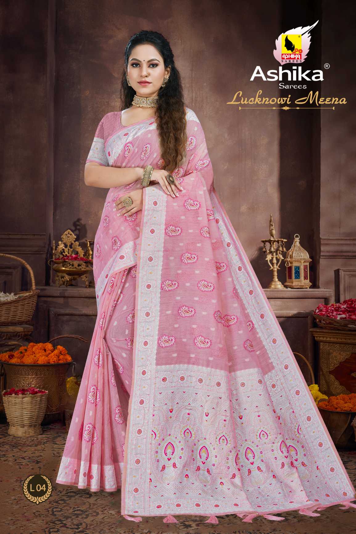 Gajari Pink Festive Wear Woven With Meena Butta Rich Pallu Cotton Saree