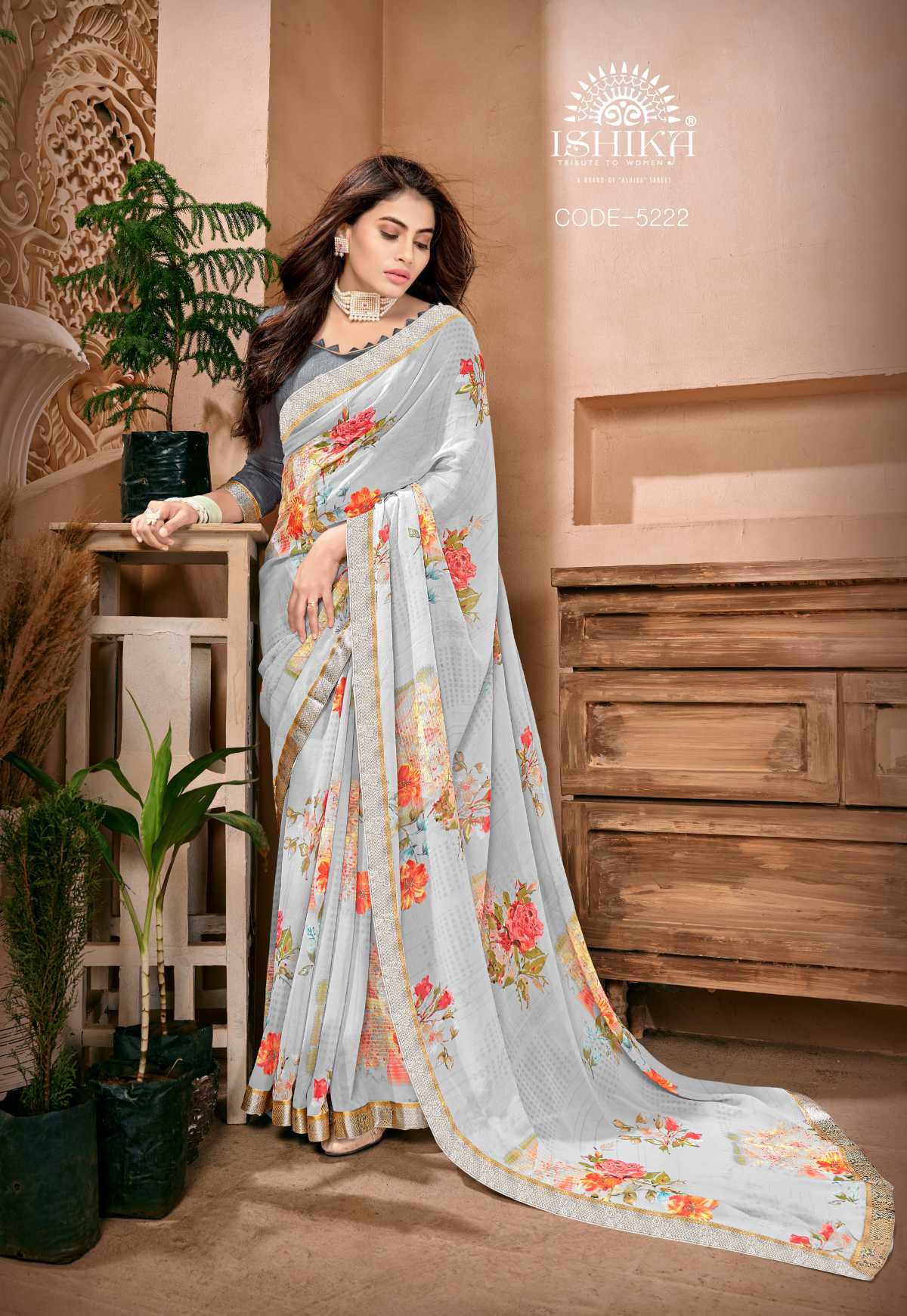 Vishal Prints Cool Grey Fancy Chiffon Digital Print Saree With Border