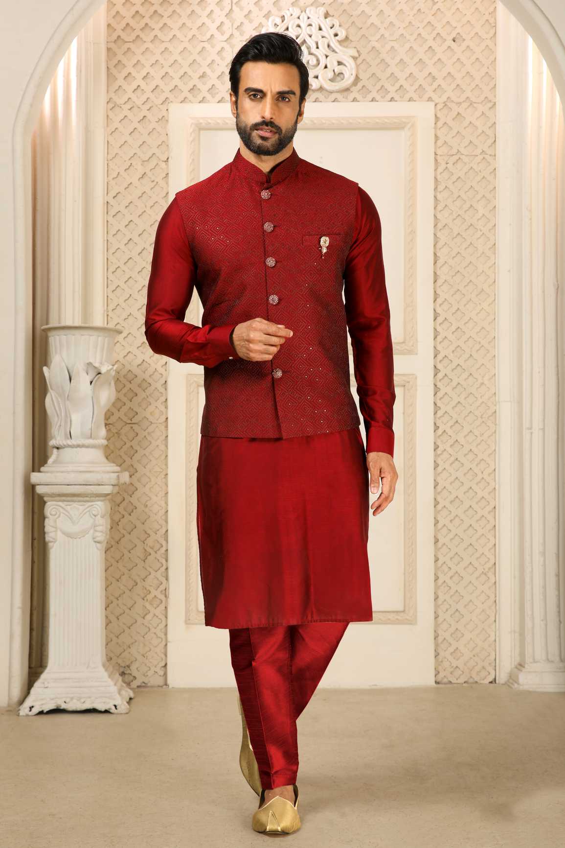 Buy Men's Red Cotton Solid Nehru Jacket Online — Karmaplace