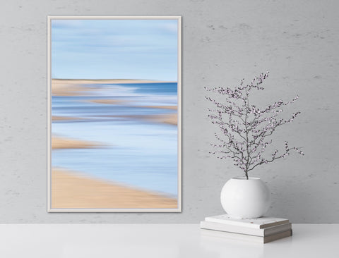 serene beach photo of a light silvery blue in a simple white float frame