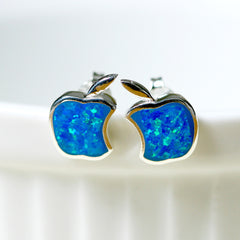 Blue,Opal Earrings,Geode Earrings,Gemstone Earrings,Stud Earrings,Apple Earrings,Opal Stud,Tiny Stud,Stone earrings,opal,silver,apple