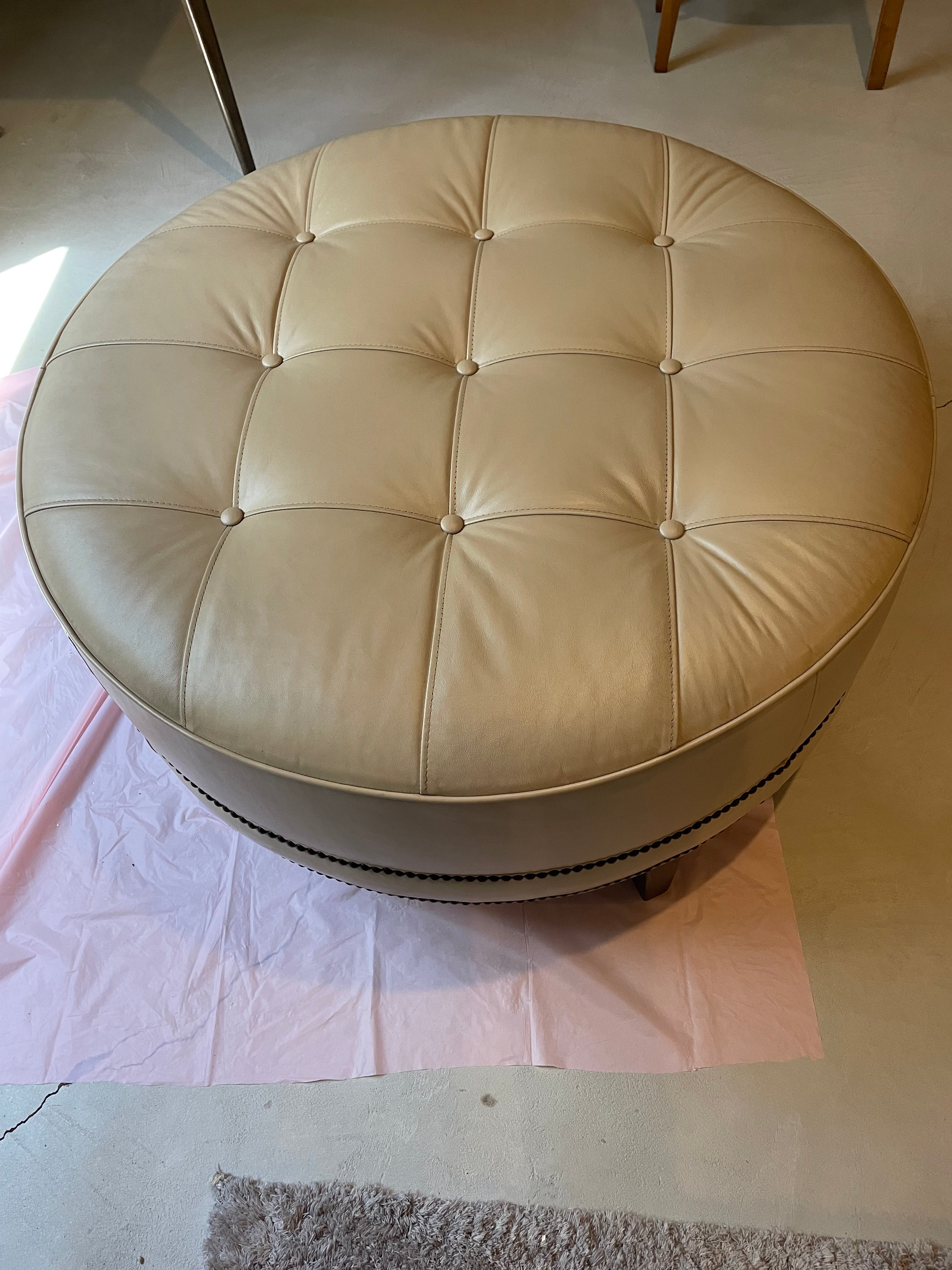 Stained and faded tufted aniline leather chair restored using Rust leather  dye. Before and after.