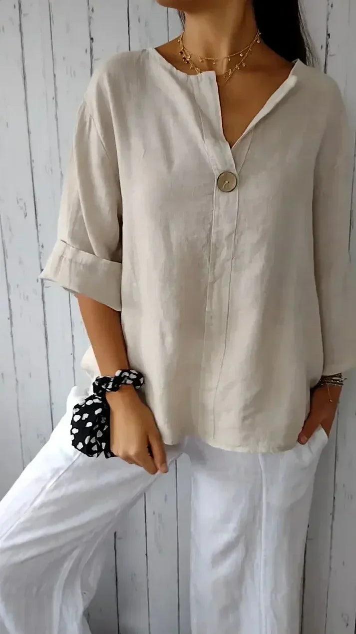 Product Image for Ivyshape | Comfortable V Neck Top Made Of Cotton And Linen, Beige / S
