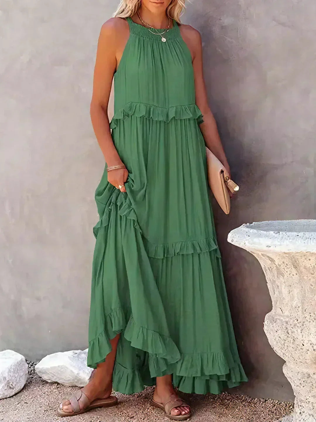 Product Image for Ivyshape | Neckline Ruffle Maxi Dress, Green (Almost sold out) / 2XL (16-18)