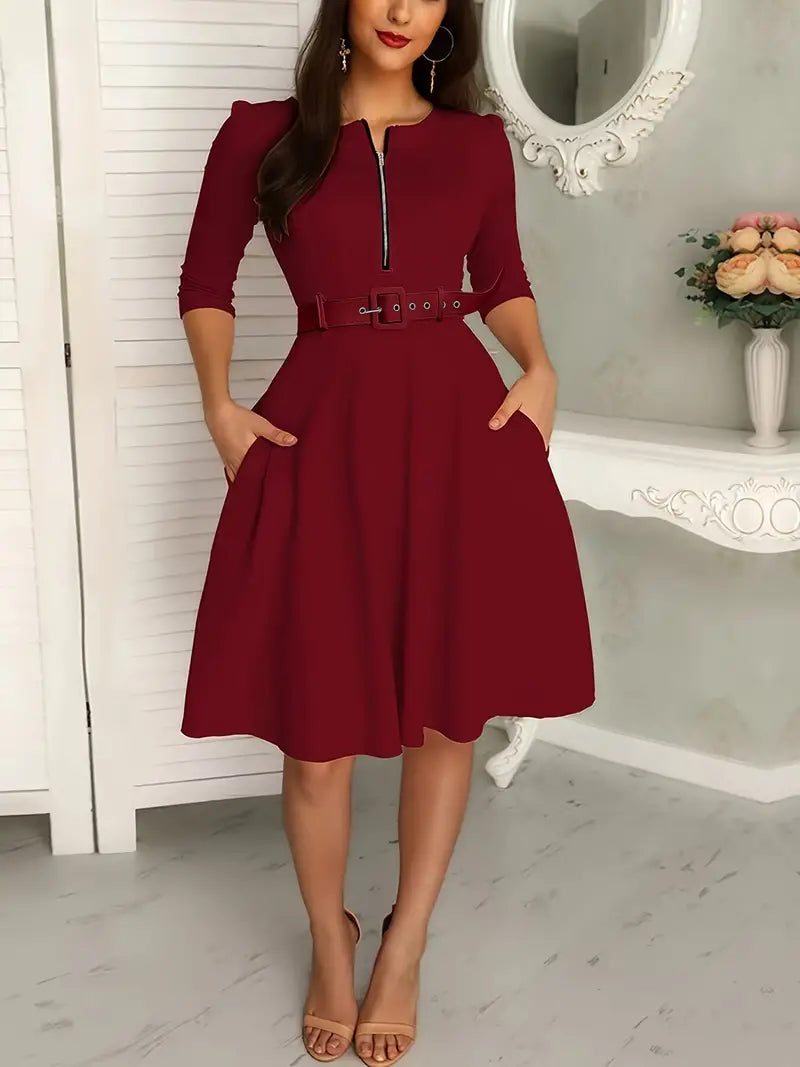 Product Image for Ivyshape | Dress with Round Neck and Practical Zipper, Burgundy / XS