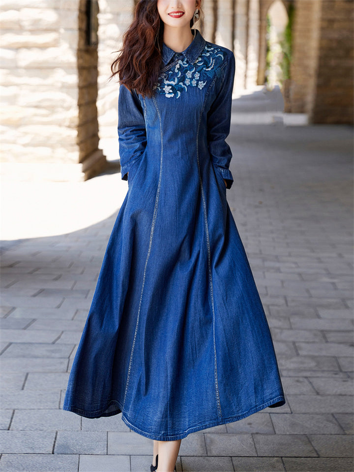 Product Image for Elegant Blue Denim Flower Embroidery Women Pleated Dress, Blue / L