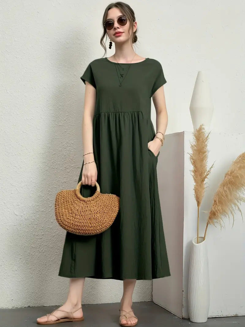 Product Image for Ivyshape | Casual, Short-Sleeved Summer Dresses with Round Neckline and Waist, Army green / 3XL