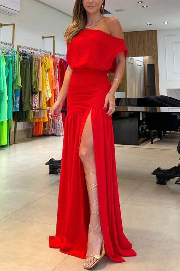 Product Image for Ivyshape | Midnight Chances One Shoulder Gathered Detail Slit Maxi Dress, Rot / M
