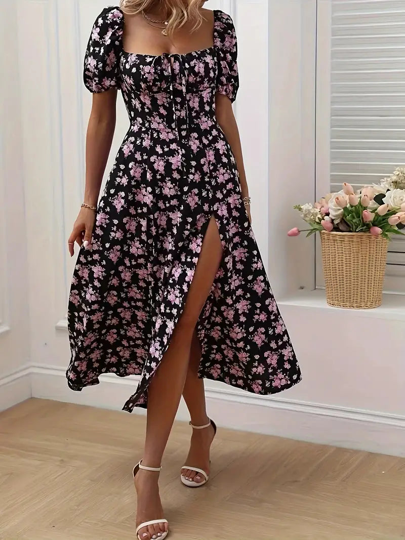 Product Image for Ivyshape | A-Line Dress with Floral Print and Puff Sleeves for Spring and Summer, Rosa Flower / XL