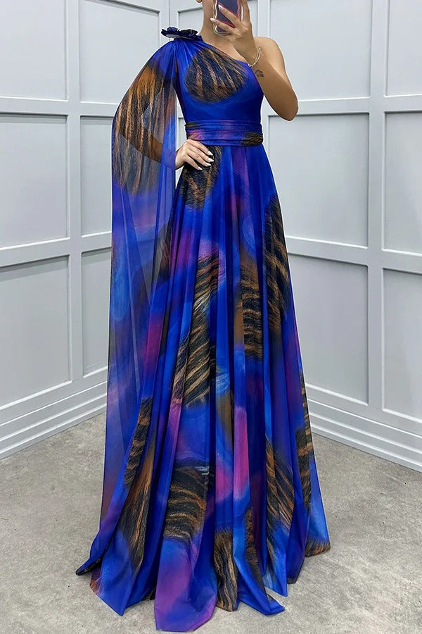 Product Image for Ivyshape | Lucia Unique Print Floral Detail One Shoulder Draped Sleeve Evening Dress Maxi Dress, Navy blue / M