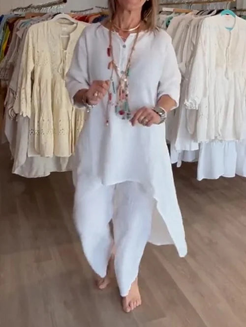 Product Image for Ivyshape | Solid Color Leisure Suit In Linen for Women, White / 4XL