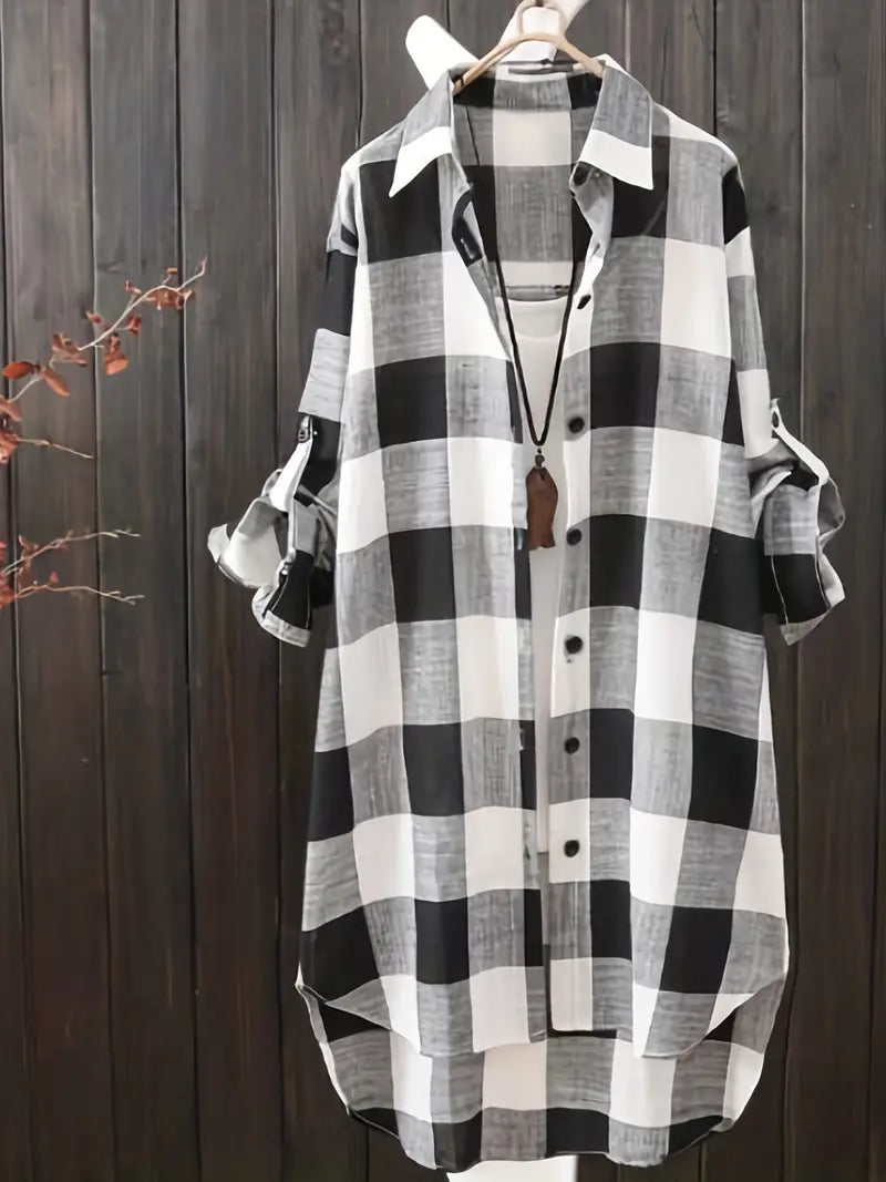 Product Image for Ivyshape | Elegant Long Check Shirt, Black / XXXL
