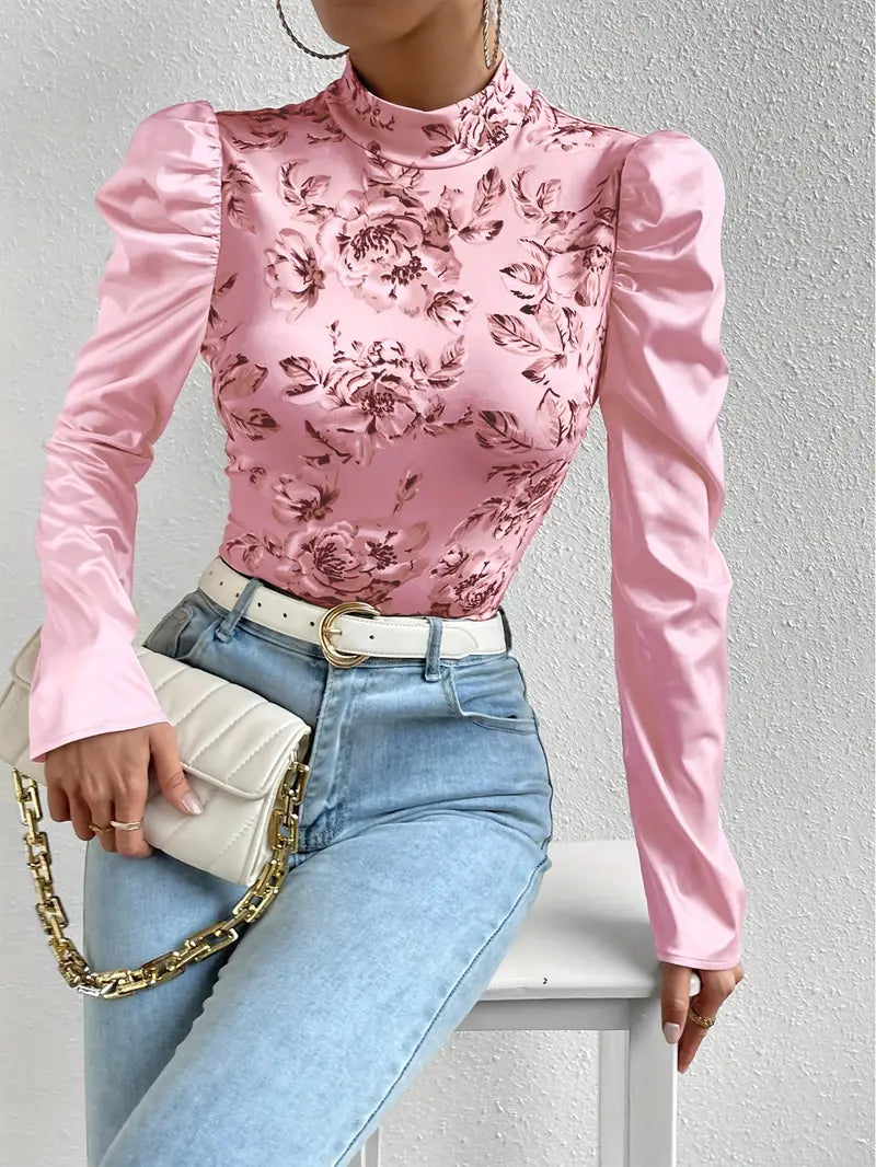 Product Image for Ivyshape | Satin Blouse with Floral Pattern, Rosa / XXL