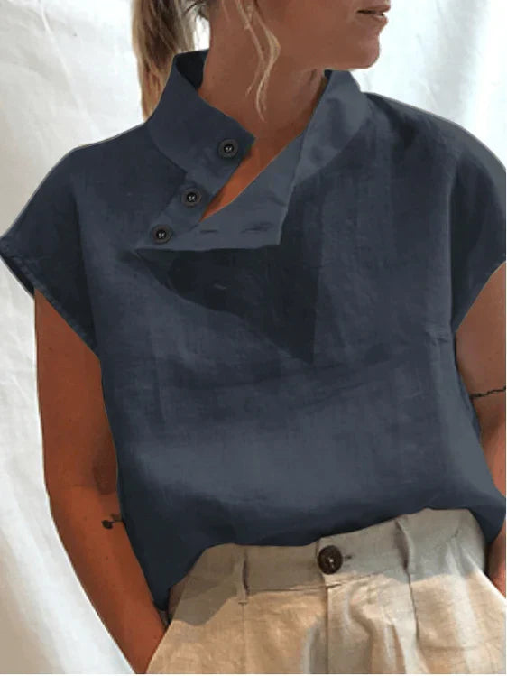 Product Image for Ivyshape | Cotton Blend Stand Collar Blouse for Women, Navy Blue / 4XL