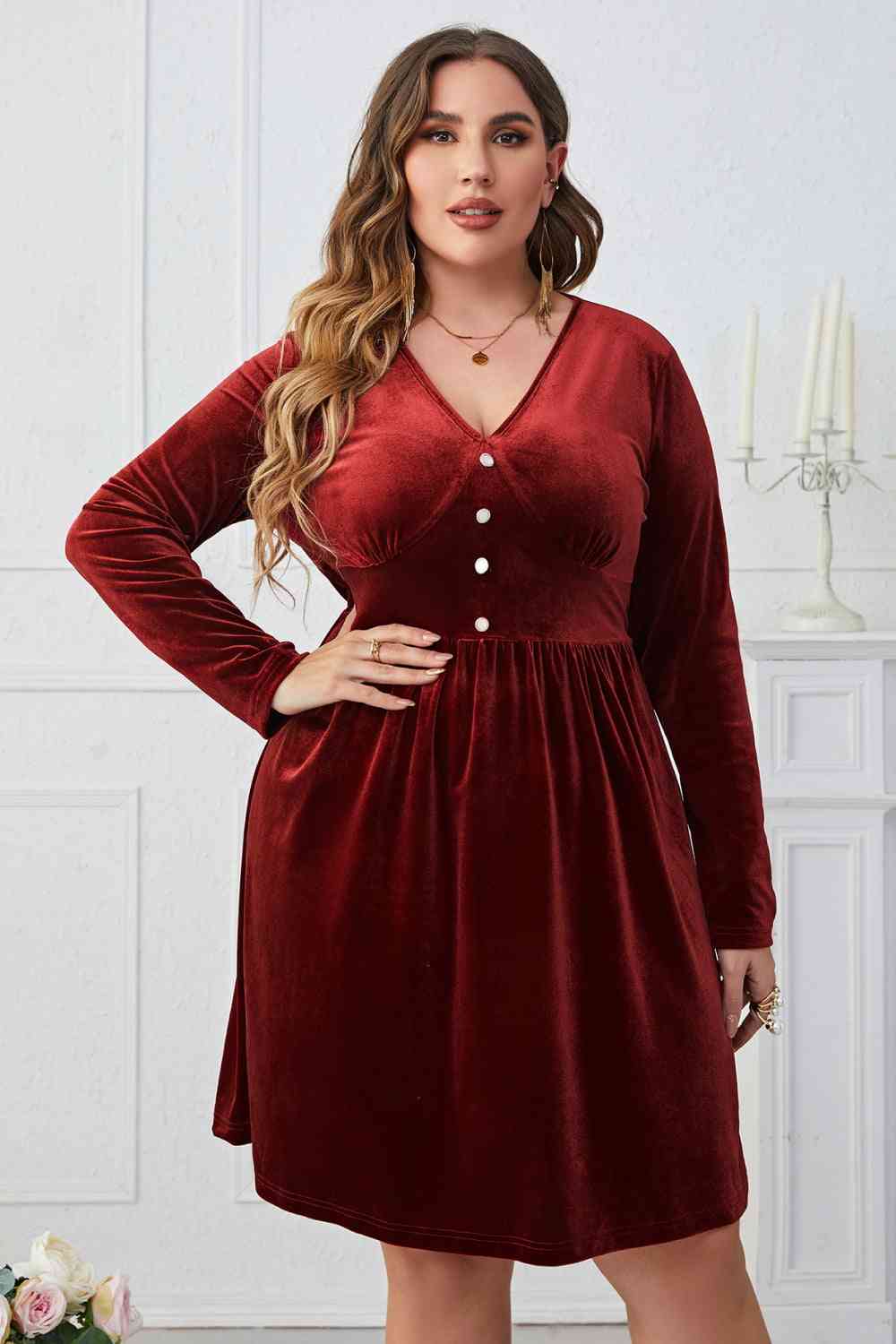 Product Image for Melo Apparel Plus Size V-Neck Decorative Button Knee Length Dress, Deep Red / 1XL