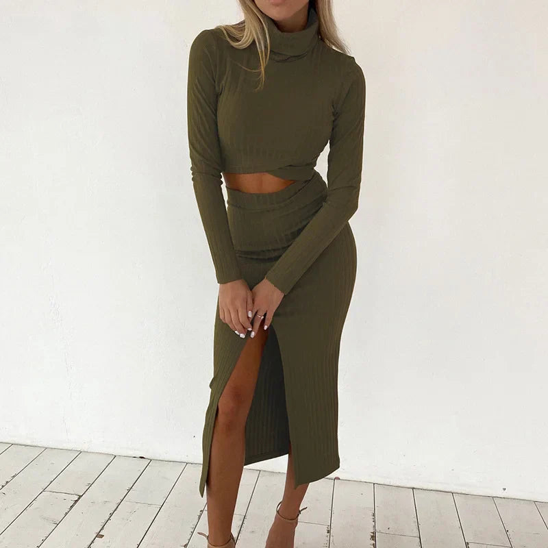 Product Image for Ivyshape | Jumpsuit with Long Sleeve, High Neck and High Waisted Skirt with Slit, Arm Green / M