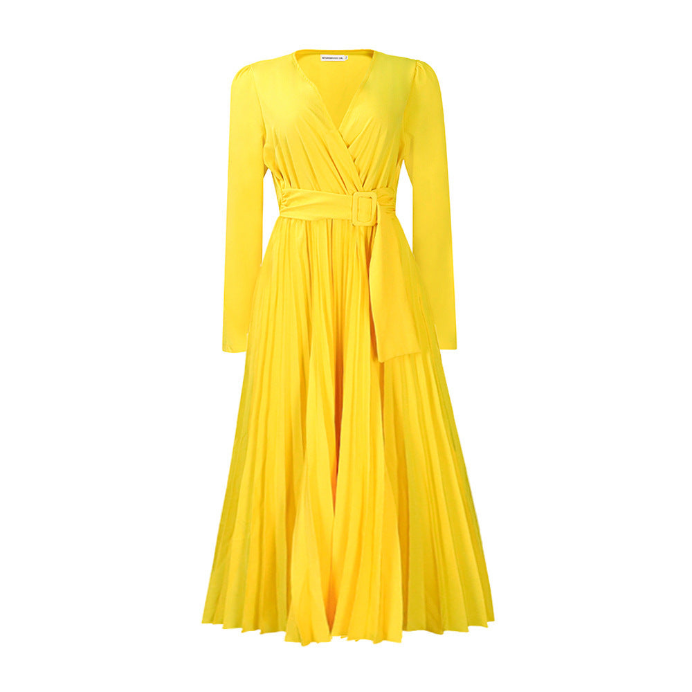 Product Image for Ivyshape | Size African V-Neck Long Sleeve Lace-Up Slim-Fit Pleated Dress, Yellow / 3XL