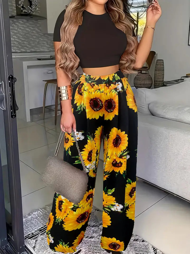 Product Image for Ivyshape | Beautiful 2-Piece Set for Spring/Summer, Yellow flower on black background / 2XL