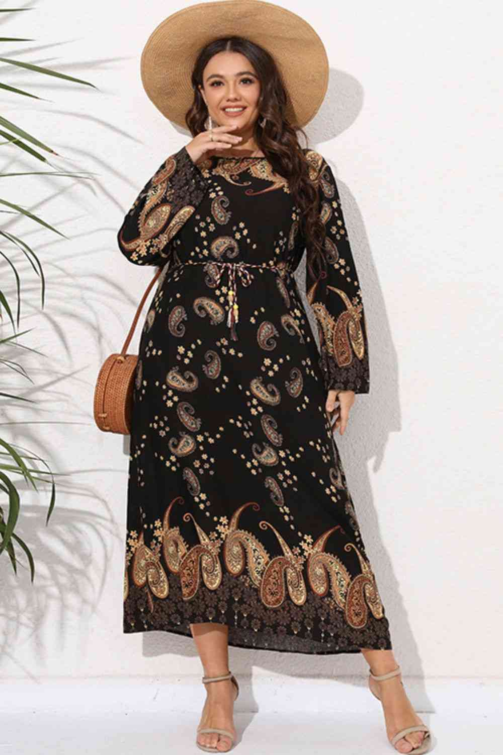 Product Image for Full Size Tie Waist Round Neck Long Sleeve Midi Dress, Black / 4XL