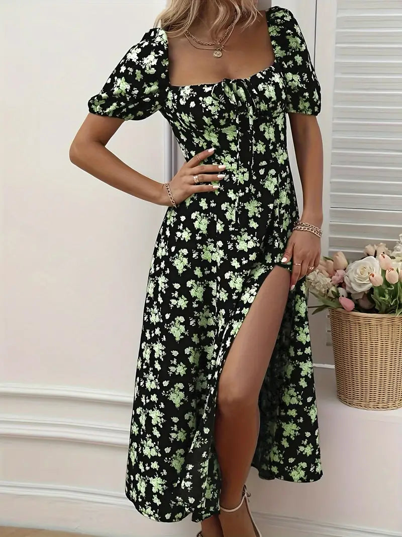 Product Image for Ivyshape | A-Line Dress with Floral Print and Puff Sleeves for Spring and Summer, Green flower / L