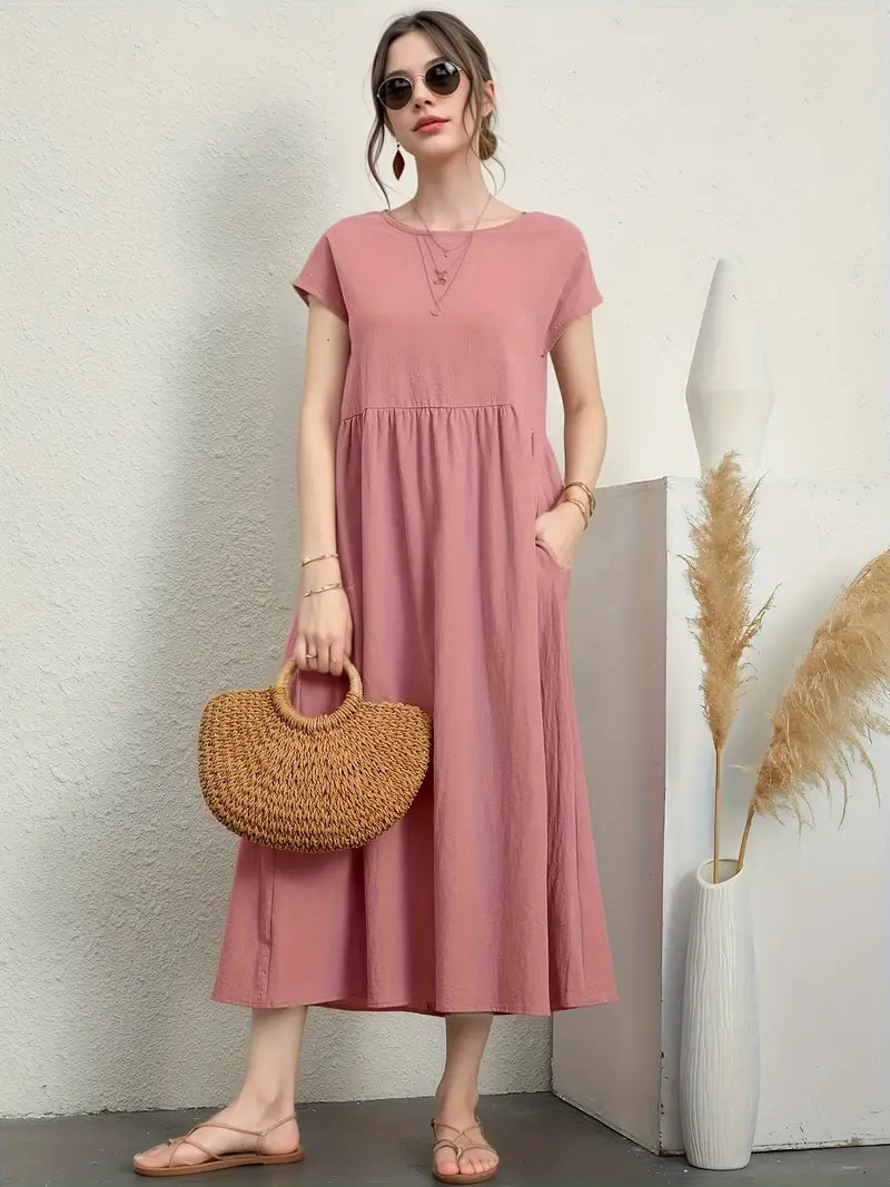 Product Image for Ivyshape | Casual, Short-Sleeved Summer Dresses with Round Neckline and Waist, Blush Pink-Grey / 4XL