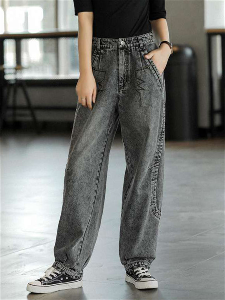 Product Image for Trend Wavy Line Embroideried Grey Harem Jeans for Women, Grey / XL
