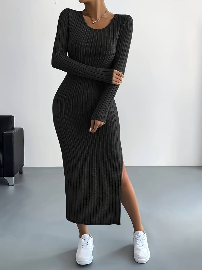 Product Image for Ivyshape | Solid, Ribbed Long Sleeve Dress with Round Neck, Black / XXXL