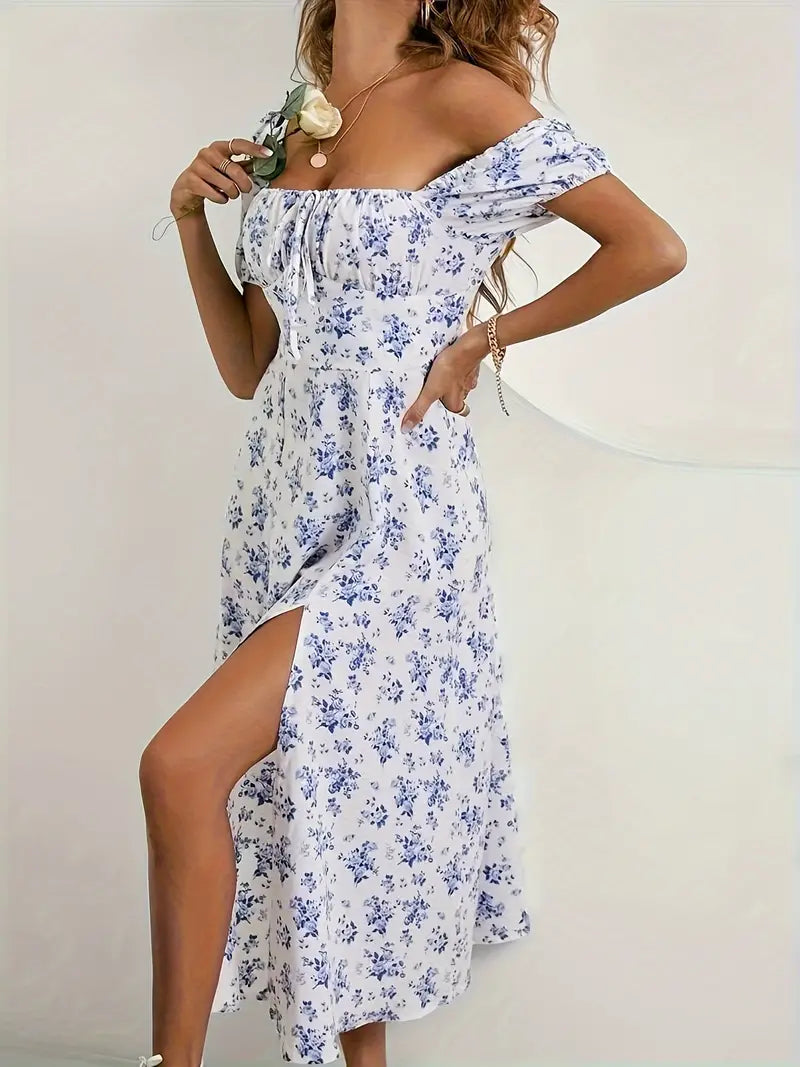 Product Image for Ivyshape | A-Line Dress with Floral Print and Puff Sleeves for Spring and Summer, Blue flower / 3XL